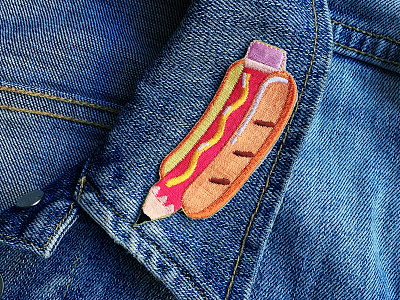 Hot Drawg Sticker Patch! color design drawing embroidered food hot dog illustration mustard patch pencil snack vector