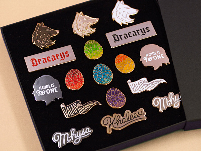 End Of Watch master pin set arya arya stark daenerys dire wolf dracarys dragon egg enamelpin game game of thrones got illustration khaleesi lettering mhysa targaryen type valar morghulis vector wolf