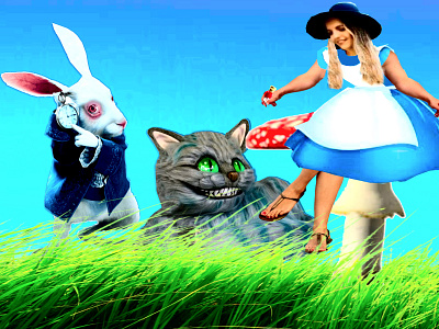 Brielle in Wonderland2 alice in wonderland cheshire cat digital design digitl art enjoyment family friends fun grass mushroom play production rabbit sky