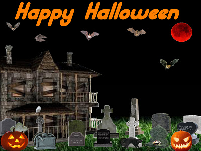 Happy Halloween! bats black cats digital art digital artwork digital composition enjoyment full moon fun graveyard halloween halloween 2021 halloween background haunted house headstones jackolanterns night owl tree