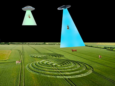 Beaming Up the Beef by KareAnnArt aliens beaming up beef cattle cows design digital art digital composite enjoyment fun illustration laser beams light beams ufos unidentified flying objects