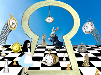 Time was Not a Friend to Alice 8000x6000px by KareAnnArt alice in wonderland blue sky chess pieces chessboard clocks design digital art enjoyment fairytale family fun illustration stop watches white rabbit