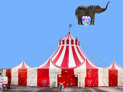 A Funny Thing Happened at the Circus by KareAnnArt art arts balloons big top blue blue sky circus contemporary art elephant excitement flag fun girl laughter little girl multicolored red and white surreal surrealism tent