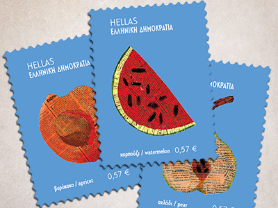 Stamps apricot blue collage envelope greeκ fruits hellas hellenic repuplic newspaper pear stamps watermelon