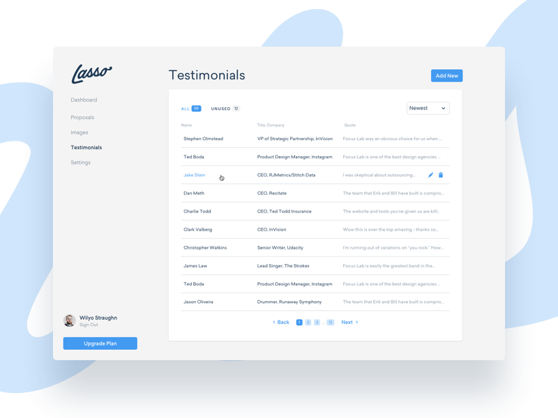 Lasso Testimonials pagination focus lab app design app table list proposal lasso ux ui