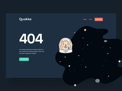 Winston, We Have a Problem 404 dark mode focus lab illustration landing page quokka space stars ui ux winston