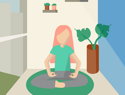 Woman meditating at home. concept dzen flat healthy illustration lifestyle meditate meditation minimal recreation relax vector wallpaper wellness woman yoga