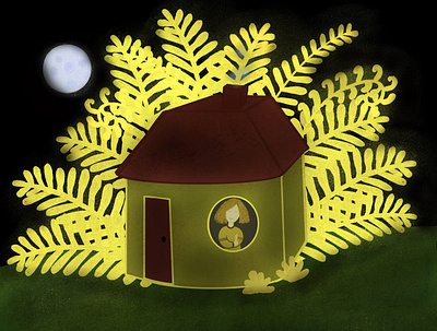 Artist and a Golden Fern artist digital illustration fern mistery house moon night procreate