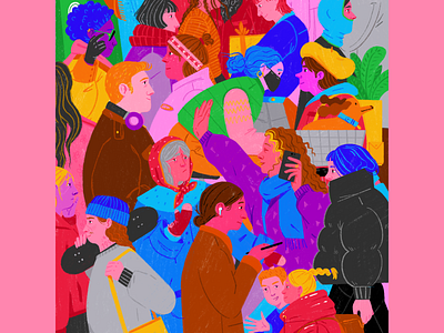 People going places character illustration crowd going places illustration people watching pink people running errands winter