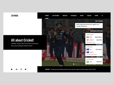 Home page design of 22Yards (A website related to Cricket) cricket home page homepage sports uiux ux design website website design