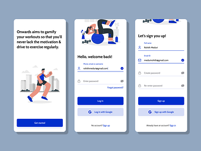Onboarding and login/sign-up screens app fitness ui ux