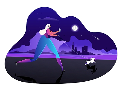 Follow the boss!! 2d animation art color digital dog flatillustration flatvector girl gradient illustration landing page motiongraphic night theme theme design town trend ui website