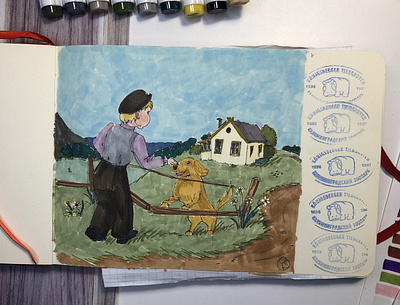 Young boy goes to old farm and he meets a retriever book dog hand drawn illustration old tales rustic vintage