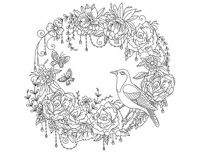 Coloring flowers and bird adobe illustrator beautiful bird coloring decor design flower garden illustration lineart rose vector