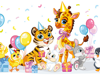 Happy birthday cartoon animal characters