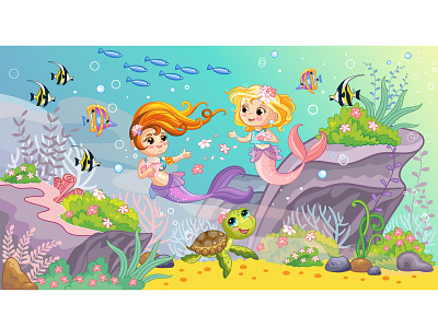 Mermaids and sea world adobe illustrator animal beautiful cartoon character children cute design illustration kids mermaid sea world vector