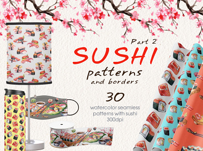 Sushi Seamless patterns and borders beautiful branding cuisine design food hand drawn illustration japan food menu seafood seamless pattern sushi sushi collection sushi design watercolor