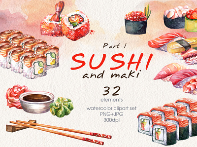 Sushi and maki watercolor set branding illustration maki nori
