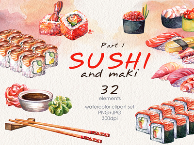 Sushi and maki watercolor set