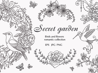 Secret garden birds and flowers set