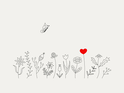 Butterfly flies above flowers and heart adorable butterfly cute flower flowers heart illustration line art lineart plant plants red heart valentine day valentines valentines day card valentinesday vector