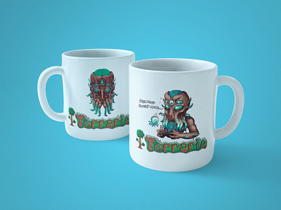 Cup print with game logo and character of "Terraria" game.