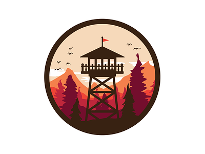 Lookout Tower birds firewatch illustration lookout tower patch retro sky trees warm