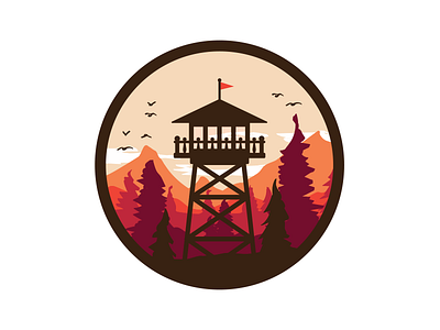 Lookout Tower birds firewatch illustration lookout tower patch retro sky trees warm