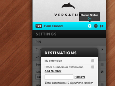 Versature Dashboard Application application communication dashboard destination dolphin extension number phone pin queue settings versature voip web widget wood