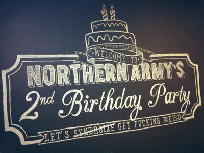 Northern Army's 2nd Birthday Party Chalkboard Illustration weird layer banner scroll illustration hand rendered northern army birthday party cake candles chalkboard chalk typography type wall mural synergy