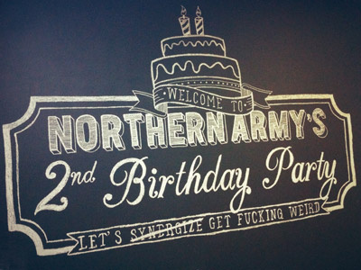 Northern Army's 2nd Birthday Party Chalkboard Illustration banner birthday cake candles chalk chalkboard hand rendered illustration layer mural northern army party scroll synergy type typography wall weird