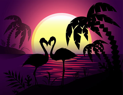 flamingo flamingos illustration palm tree summer sunset vector