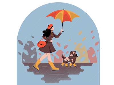 rain autumn dog girl illustration rain umbrella vector