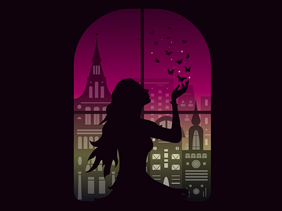 dreaming girl butterfly girl illustration night silhoutte town vector