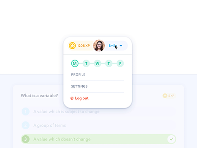Gamification Profile Menu - Stairway Learning account days dropdown gamification item leaderboard logout menu nav navigation popover profile score top bar topbar video