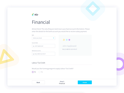 HR Management Employee Onboarding - Klir animation app card credit card financial form hr interaction motion onboarding payment payroll process salary shapes simple tax user flow webapp