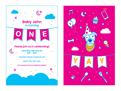 One = Fun! baby baby announcement baby birthday birthday blue dog icons illustration invitation one pink vector
