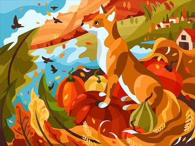 Autumn Fox animal illustration artist autumn color by number colorful art digital illustration fox game harvest illustration landscape landscape illustration mobile game pumpkin vector village