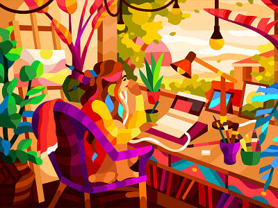 Home workspace artist botanical art color by number colorful art designer digital illustration game girl character home illustration mobile game painting remotework summertime sunset vector workspace