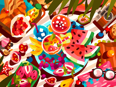 Picnic on the beach barcelona color by number colorful art digital illustration drinks food illustration fruits game illustration mobile game picnic sea summer sunny day vacation vector vector illustration vector illustrator watermelon