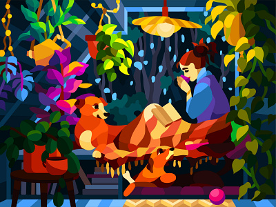 Rainy evening animals artist book art color by number colorful art digital illustration dog illustration evening game girl character home illustration mansard mobile game nigh art plant illustration plants raining reading book vector