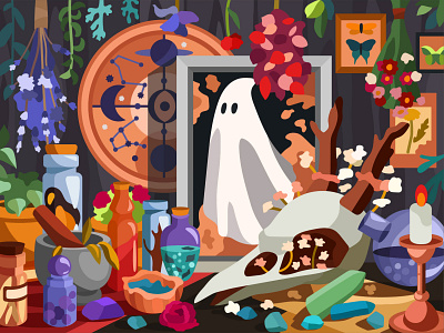 Witch's stuff artist color by number colorful art digital illustration game ghost halloween halloween illustration herbs illustration magic magic art mobile game night potions vector vector illustration witch house