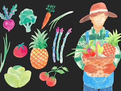 Gardening Watercolor branding childrens cover illustration design digital watercolor farmer fresh vegetables fruits gardening painted graphic design illustration logo object watercolor posters sticker ui vegetable vegetable gardening painted vegetables watercolor