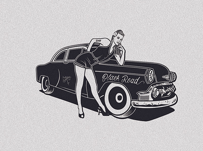 pin up girl with vintage car and pinstriping design hand drawn hand lettered hand lettering logo handlettering hotrod illustration lettering lettering art pinup girl retro vector vintage