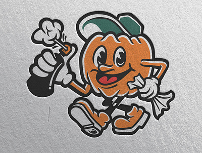 orange pumpkins mascot with spray and paper badge design branding design graphic design hand drawn illustraion illustration logo logodesign mascot motion graphics vector