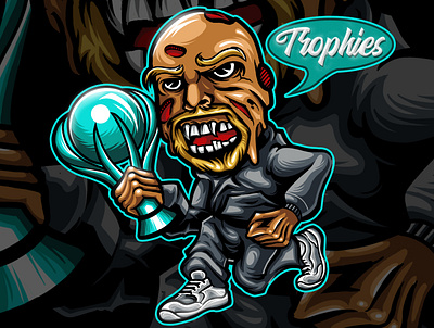 zombie with trophies sport character pop illustration champion character design hand drawn illustraion logo mascot popart retro trophies trophy vector zombie