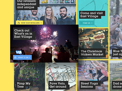 East Village London homepage hover material design menu tiles web design