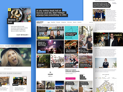 East Village London article flat design homepage hover material design menu tiles web design