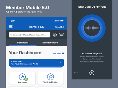 Member Mobile 5.0 app auction auto dashboard ios mobile ui ux voice search