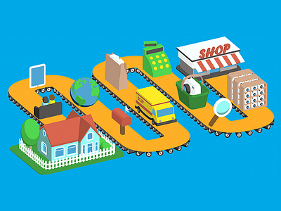 Shopping flow conveyor belt e commerce flat illustration isometric shop ux